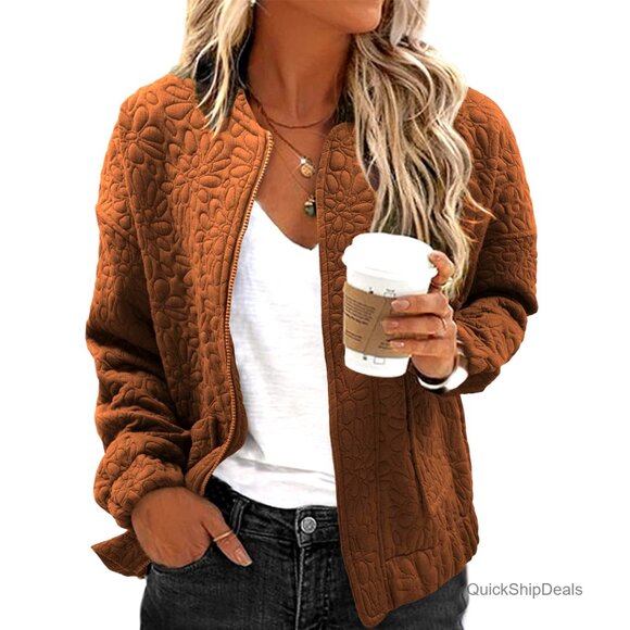 Lightweight Jacquard Bomber Jacket Zip Up Stand Collar Casual Outerwear